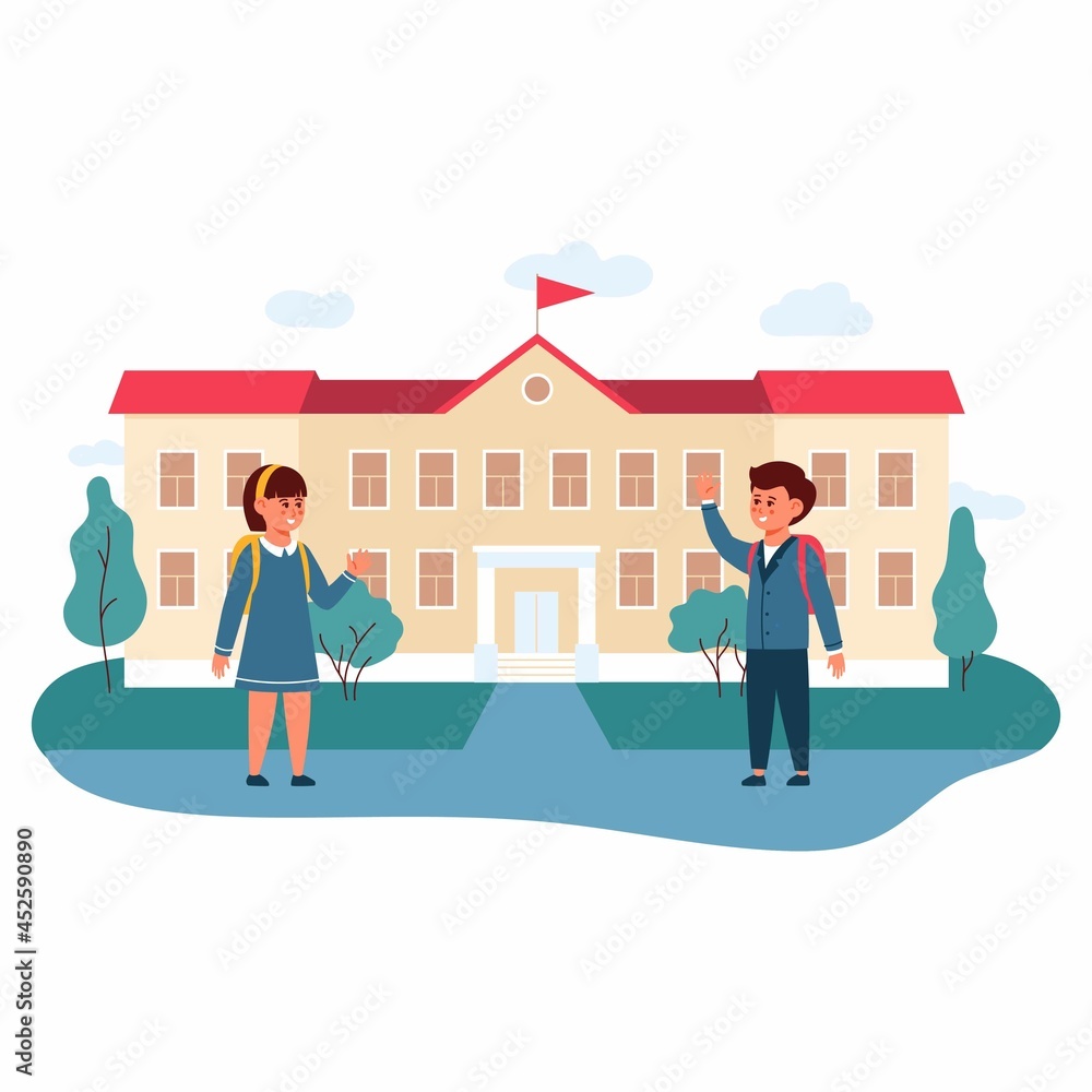 Fototapeta premium Children go to school building. Pupils or boy and girl in uniform meet and go to lessons. Schoolchildren with backpacks. School education, primary student concept. Vector illustration of people charac