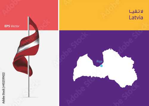 Flag of Latvia on white background. Map of Latvia with Capital position - Riga. The script in Arabic means Latvia
