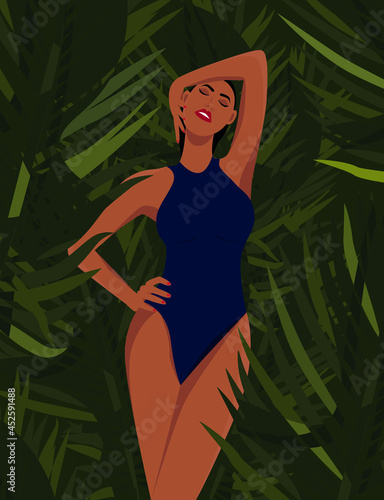 Digital illustration of a beautiful tanned girl in summer on vacation in a blue swimsuit posing in the jungle among greenery and palm trees