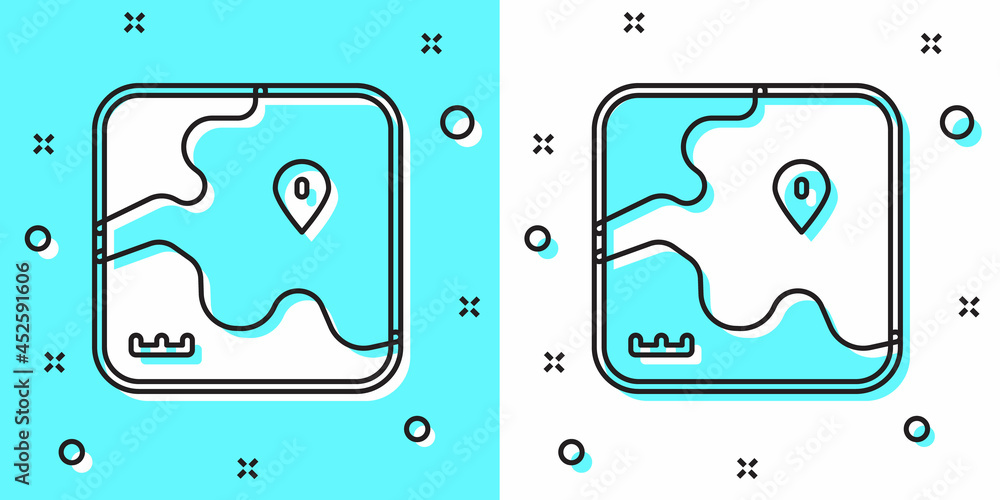 Black line Africa safari map icon isolated on green and white background. Random dynamic shapes. Vector