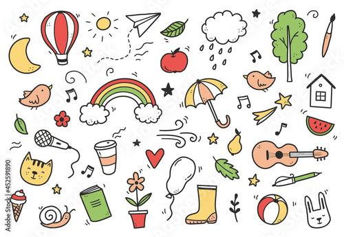 Cute doodle with cloud, rainbow, sun, animal element. Hand drawn line children style. Doodle background vector illustration.