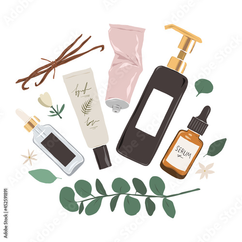 Skin care treatments, beauty products illustration set, 3 step skincare routine, face moisturizer, lotion, vitamin serum glass bottle and eye cream, modern isolated vector clip arts