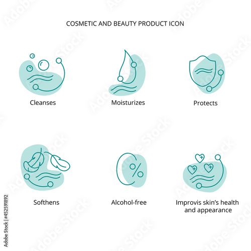 Beauty product, cream, face cleansing, makeup removing lotion, mask cosmetic and beauty tretment icon set for web, packaging design. Vector stock illustration isolated on white background. 