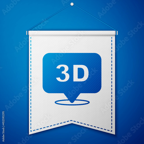 Blue 3D word icon isolated on blue background. White pennant template. Vector