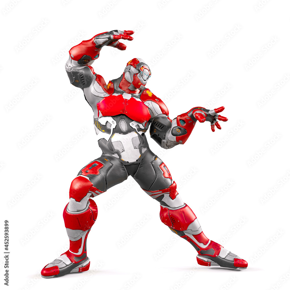 future soldier is doing some magic moves on white background side view future soldier is doing some magic moves on white background side view