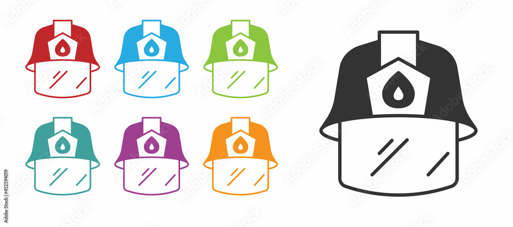 Black Firefighter helmet or fireman hat icon isolated on white background. Set icons colorful. Vector Black Firefighter helmet or fireman hat icon isolated on white background. Set icons colorful. Vector