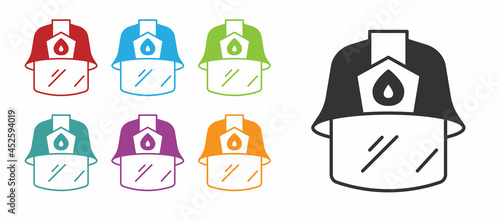 Black Firefighter helmet or fireman hat icon isolated on white background. Set icons colorful. Vector