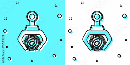 Black line Grapple crane grabbed a log icon isolated on green and white background. Forest industry. Industrial crane for lumber trunk wood production. Random dynamic shapes. Vector