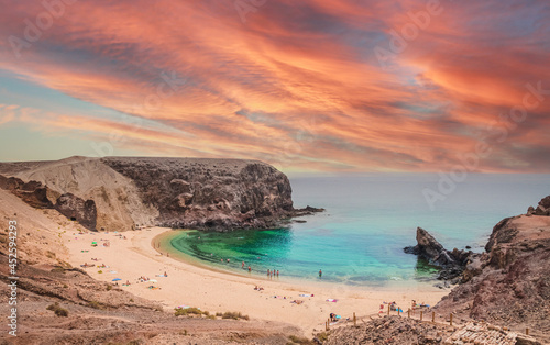 Landscape with turquoise ocean water on Papagayo beach, Lanzarote, Canary Islands, Spain