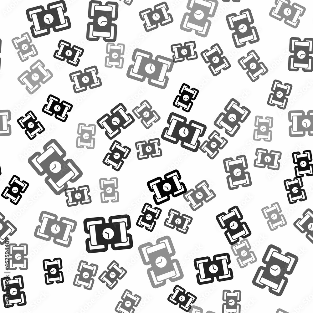 Black Detonate dynamite bomb stick and timer clock icon isolated seamless pattern on white background. Time bomb - explosion danger concept. Vector Black Detonate dynamite bomb stick and timer clock icon isolated seamless pattern on white background. Time bomb - explosion danger concept. Vector
