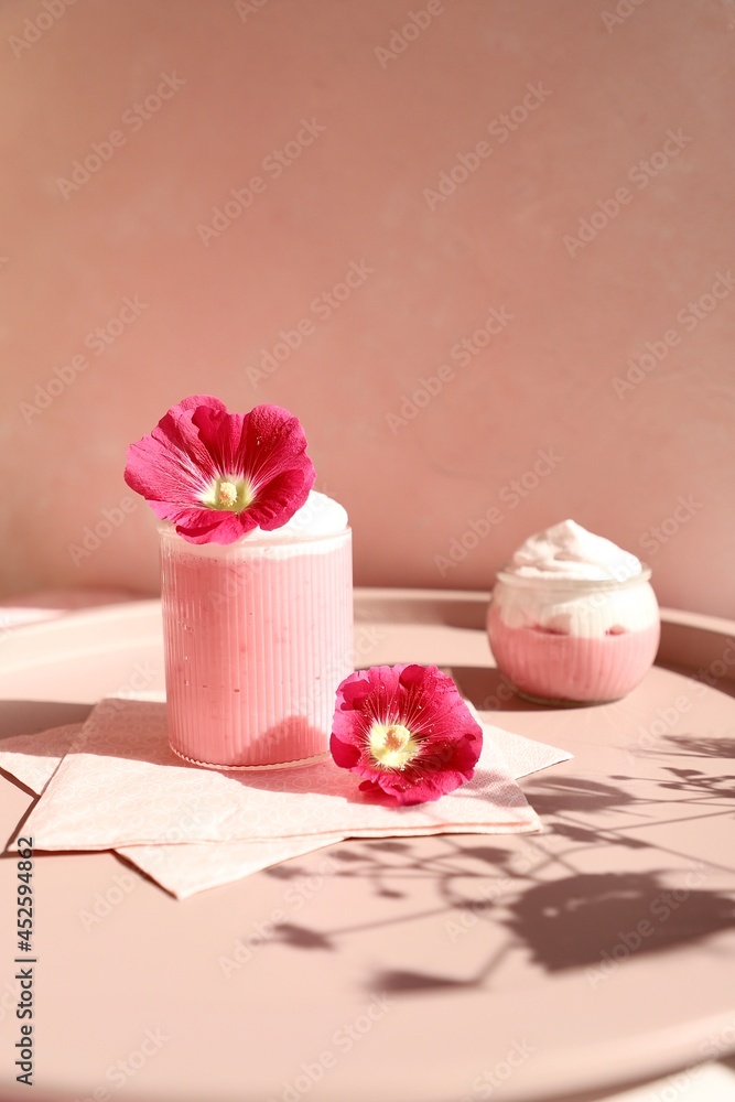 Pinkish Paradise Strawberry Pudding with Pink Flowers on the Tray Shadow Creeping into the Scene Whipped Cream Pinkish Paradise Strawberry Pudding with Pink Flowers on the Tray Shadow Creeping into the Scene Whipped Cream