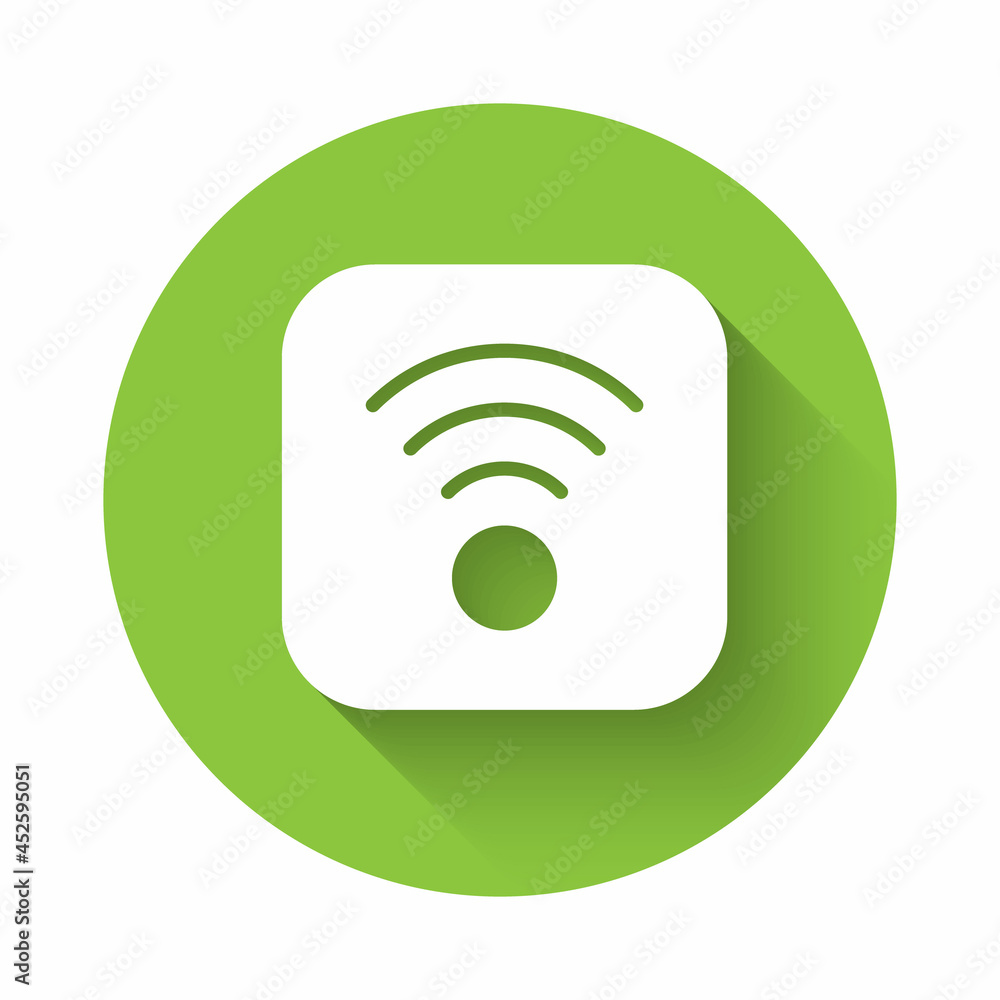 White Wi-Fi wireless internet network symbol icon isolated with long shadow background. Green circle button. Vector