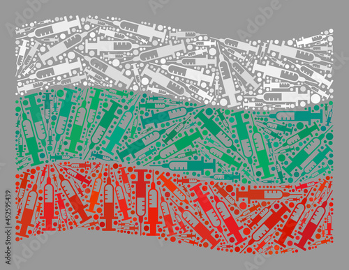 Mosaic waving Bulgaria flag designed with syringe icons. Vector vaccine mosaic waving Bulgaria flag combined for political posters. Bulgaria flag collage is composed with randomized vaccine icons.