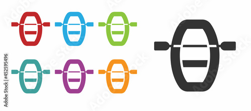Black Boat with oars icon isolated on white background. Water sports, extreme sports, holiday, vacation, team building. Set icons colorful. Vector