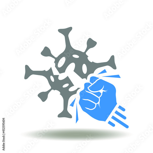 Hand punch crashed virus vector illustration. Kill COVID-19. Victory over the coronavirus.