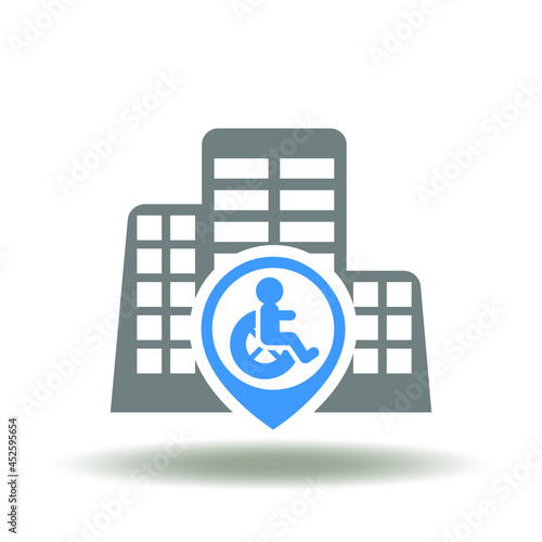 Skyscraper building with disabled or pensioner and location map marker vector illustration. Symbol a modern nursing home.