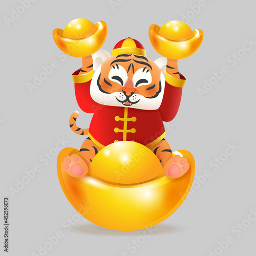 Happy cute Tiger with golden ingot and traditional Chinese costume - celebrate Chinese New Year of Tiger - vector illustration isolated
