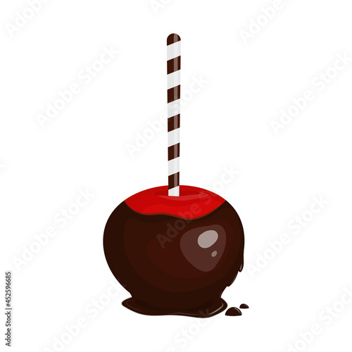 Chocolate glazed apple on a stick. Festive sweetness. Vector illustration on white background.