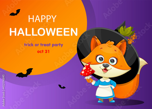 Happy Halloween. Funny witch fox with Fly agaric