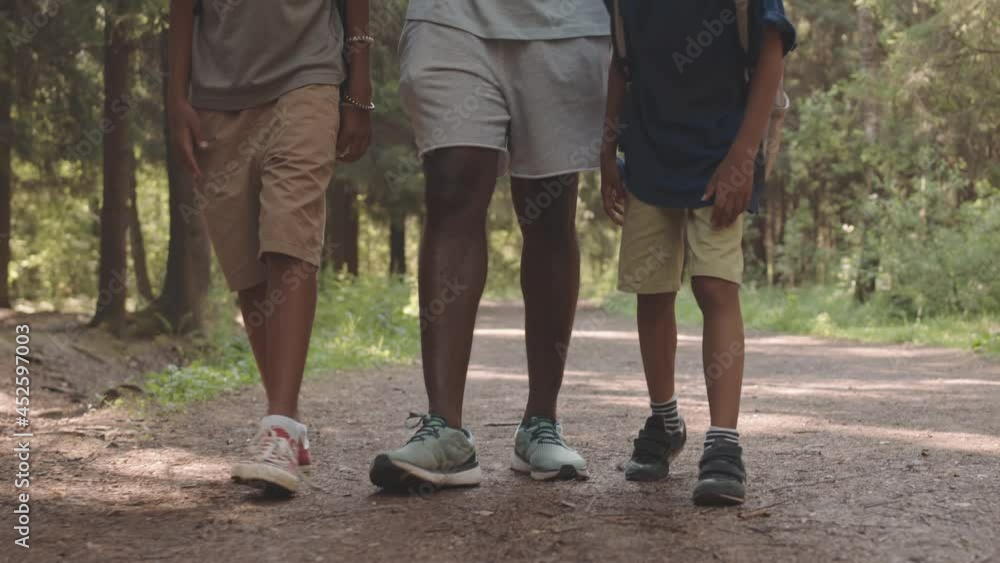 Tilt-up slowmo shot of African American father of two cute boys walking together along beautiful summer forest trail having conversation during camping trip Tilt-up slowmo shot of African American father of two cute boys walking together along beautiful summer forest trail having conversation during camping trip
