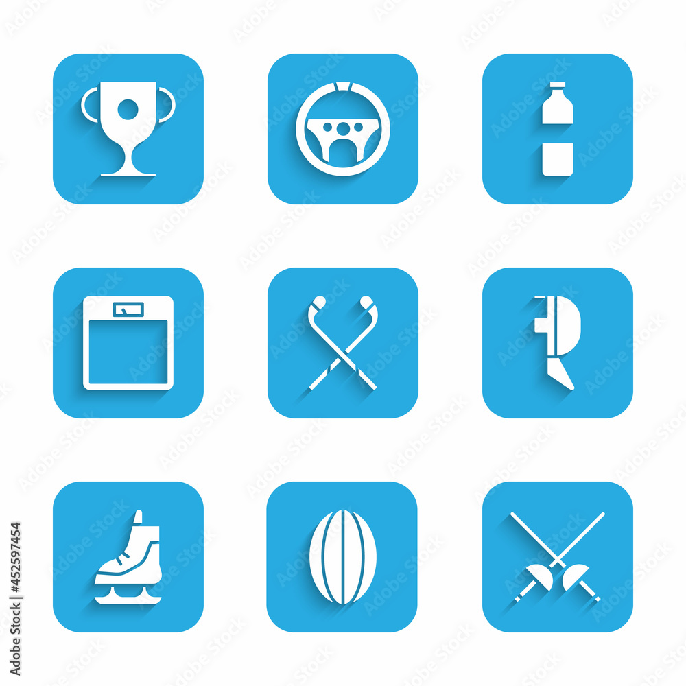 Set Ice hockey sticks, Rugby ball, Fencing, helmet mask, Skates, Bathroom scales, Bottle of water and Award cup icon. Vector Set Ice hockey sticks, Rugby ball, Fencing, helmet mask, Skates, Bathroom scales, Bottle of water and Award cup icon. Vector