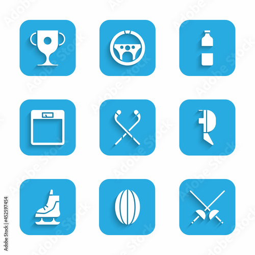 Set Ice hockey sticks, Rugby ball, Fencing, helmet mask, Skates, Bathroom scales, Bottle of water and Award cup icon. Vector