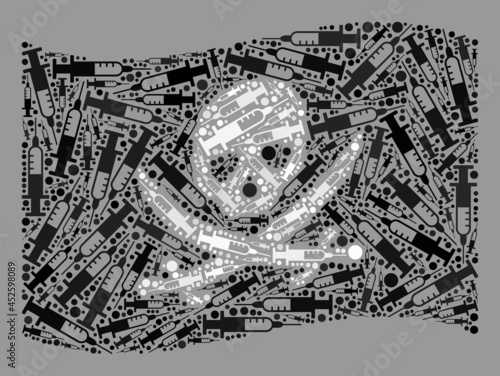 Mosaic waving pirate flag designed of syringe elements. Vector virus therapy collage waving pirate flag created for lockdown posters. Pirate flag collage is created from randomized syringe icons.