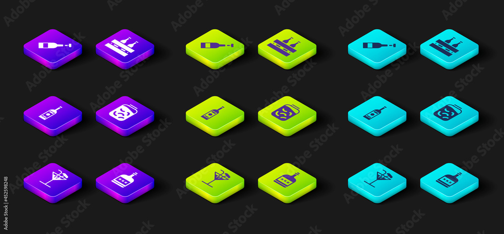 Set Cocktail, Alcohol drink Rum bottle, Glass of vodka, Pickled cucumbers jar, Pack beer bottles and Opened wine icon. Vector Set Cocktail, Alcohol drink Rum bottle, Glass of vodka, Pickled cucumbers jar, Pack beer bottles and Opened wine icon. Vector