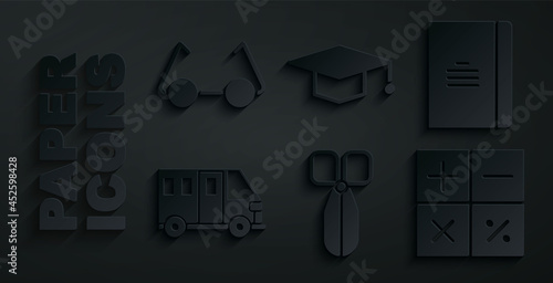 Set Scissors, Spiral notebook, School Bus, Calculator, Graduation cap and Glasses icon. Vector