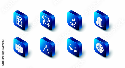 Set School Bus, Microscope, backpack, Basketball ball, Glasses, Drawing compass, Chalkboard and Calculator icon. Vector