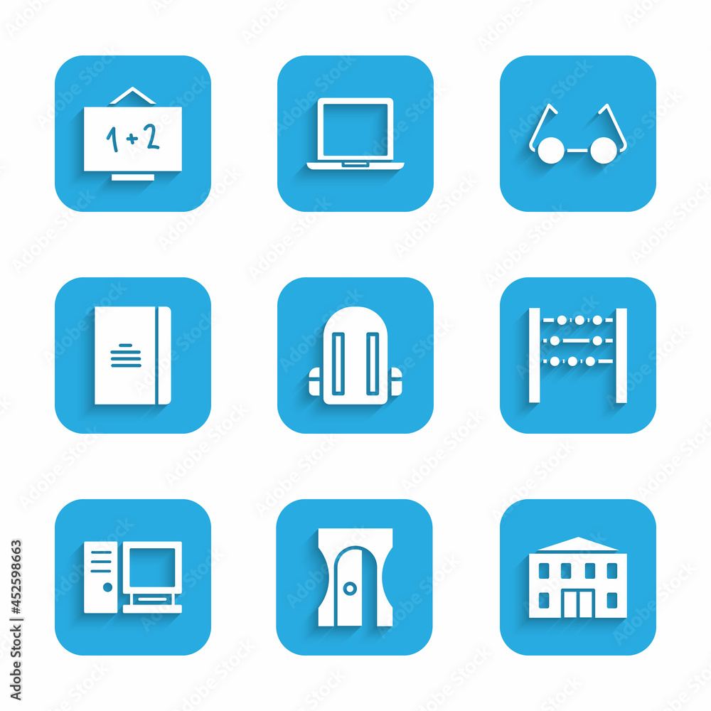 Set School backpack, Pencil sharpener, building, Abacus, Computer monitor, Spiral notebook, Glasses and Chalkboard icon. Vector Set School backpack, Pencil sharpener, building, Abacus, Computer monitor, Spiral notebook, Glasses and Chalkboard icon. Vector