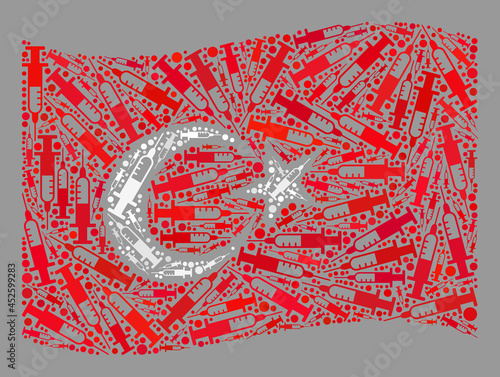 Mosaic waving Turkey flag designed with vaccine items. Vector vaccine collage waving Turkey flag combined for medicine illustrations. Turkey flag collage is shaped of randomized vaccine items. photo