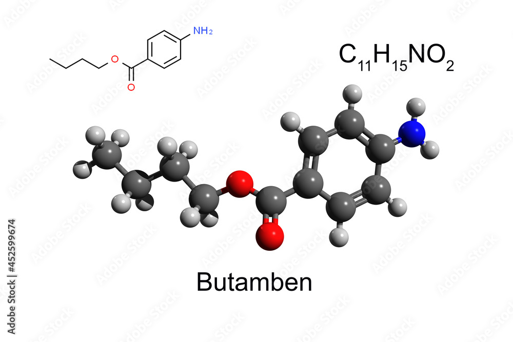 Chemical formula, skeletal formula and 3D ball-and-stick model of local anesthetic butamben, white background Chemical formula, skeletal formula and 3D ball-and-stick model of local anesthetic butamben, white background