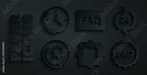 Set Lifebuoy, Telephone 24 hours support, Clock, Browser FAQ and icon. Vector