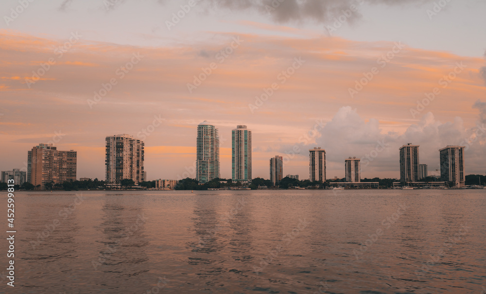 city skyline at sunset area Brickell Miami Florida apartments for rent urban 