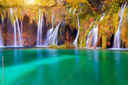 Beautiful autumn colors at the famous Plitvice lakes, many beautiful waterfalls, Plitvice National Park