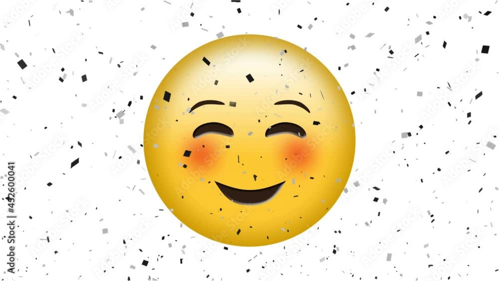 Animation of happy emoji icon over falling confetti Animation of happy emoji icon over falling confetti