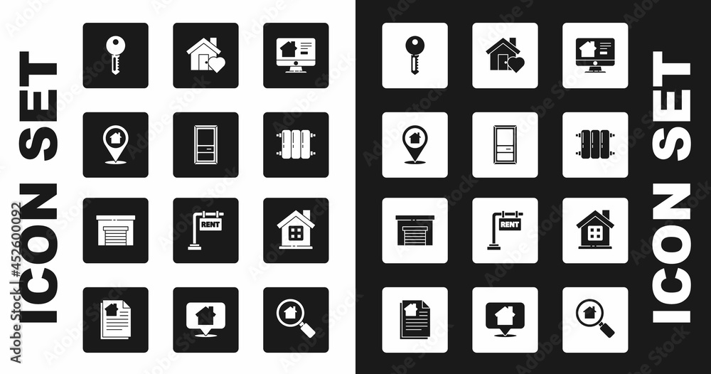 Set Online real estate house, Closed door, Location with, House key, Heating radiator, heart shape, and Garage icon. Vector Set Online real estate house, Closed door, Location with, House key, Heating radiator, heart shape, and Garage icon. Vector