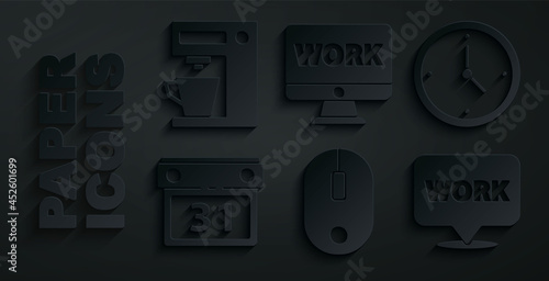 Set Computer mouse, Clock, Calendar, Location with text work, Monitor and Coffee machine icon. Vector