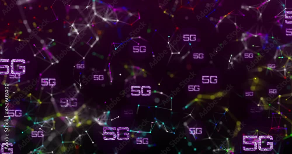 Animation of network of connections with 5g text over shapes Animation of network of connections with 5g text over shapes
