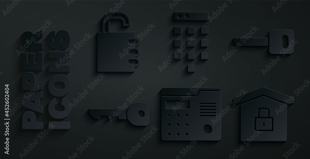 Set House intercom system, Key, under protection, Password and Safe combination lock icon. Vector Set House intercom system, Key, under protection, Password and Safe combination lock icon. Vector