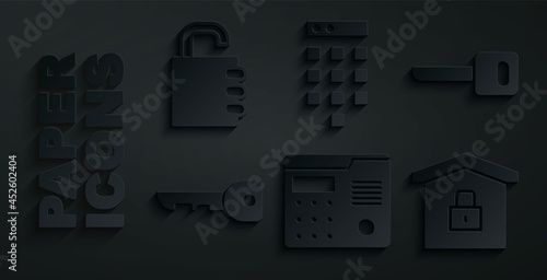 Set House intercom system, Key, under protection, Password and Safe combination lock icon. Vector