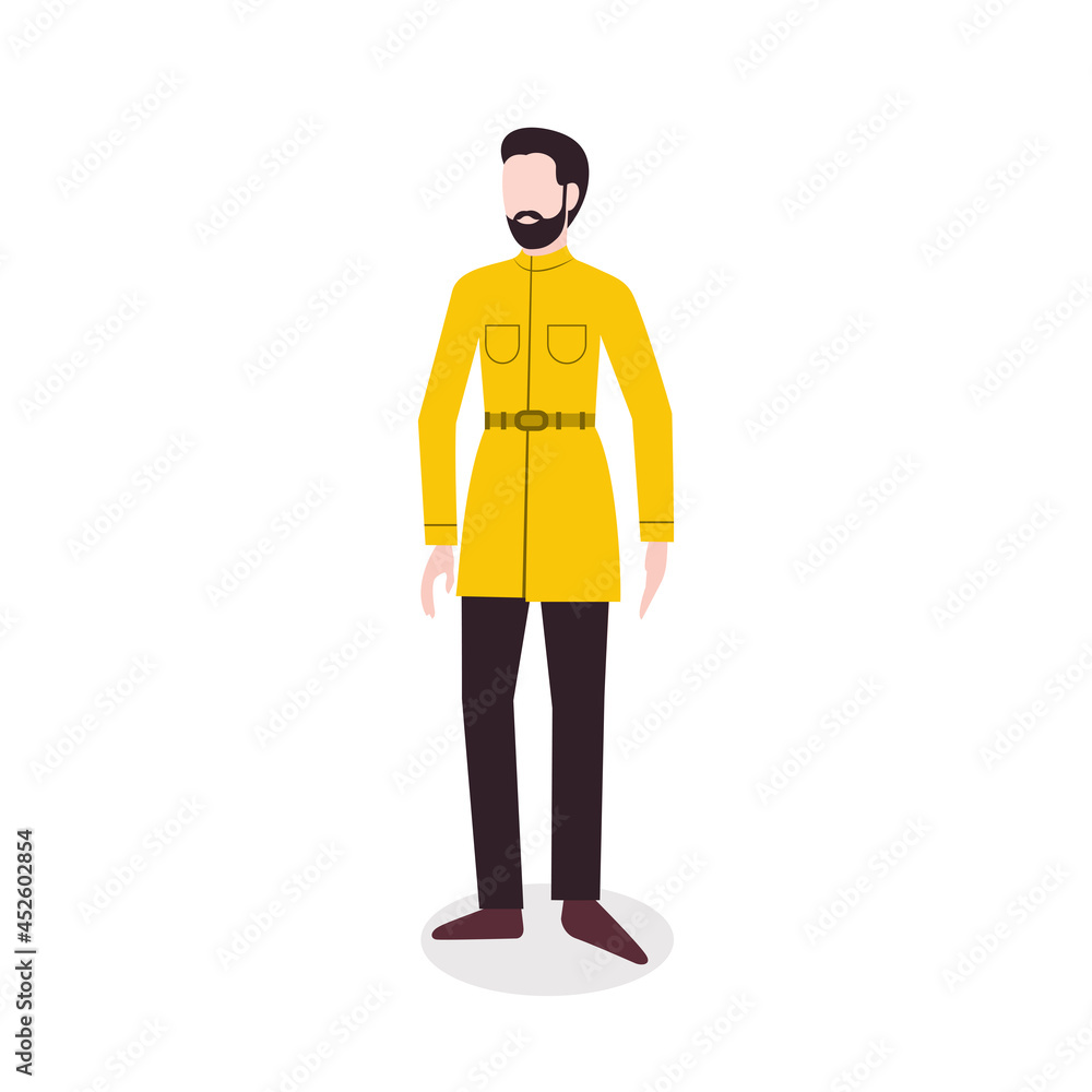 Autumn elegant style. Vector icon in flat design. Adult man with beard in yellow raincoat isolated on white backdrop