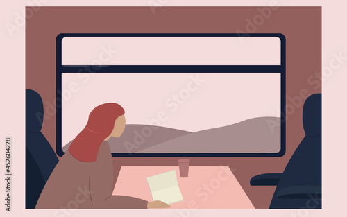 Long journey between cities by train. A young red-haired woman is sitting in a compartment, reading a book, drinking coffee and admiring the scenery outside the window. Vector flat illustration