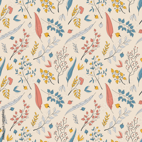 Vector seamless autumn pattern of cute tiny orange, red, blue, and grey leaves and feathers stylized in a flat and doodle style in the light background. Hand-drawn leaf texture.Background for textile
