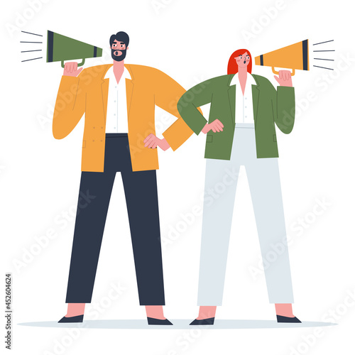 A man and a woman in suits shouting into a mouthpiece.  Flat vector illustration of people.