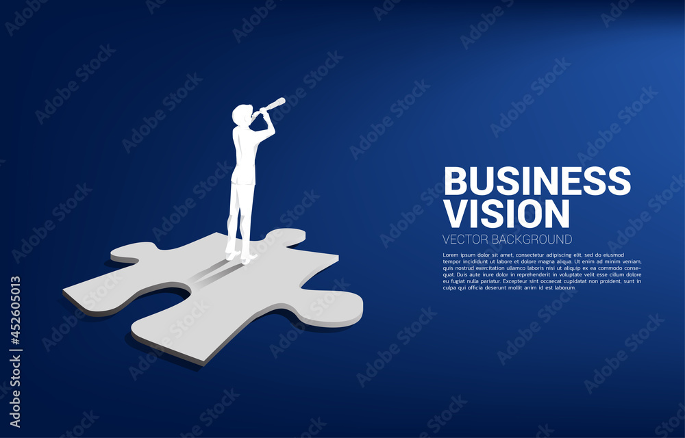 Silhouette of businessman looking through telescope on jigsaw piece. business concept for mission and finding new target. Silhouette of businessman looking through telescope on jigsaw piece. business concept for mission and finding new target.
