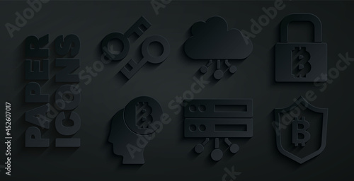 Set Server, Lock with bitcoin, Bitcoin think, Shield, Cryptocurrency cloud mining and key icon. Vector