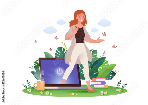Woman walking out from computer screen retreating from internet addiction, digital detox concept Vector illustration. photo