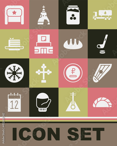 Set Dumpling, Kankles, Ice hockey stick and puck, Jar of honey, Mausoleum Lenin, Medovik, Ushanka and Bread loaf icon. Vector